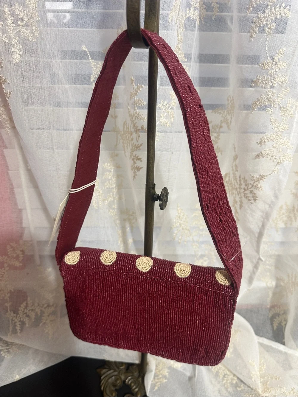 Sol and Mer wine colored cream polka dots beaded shoulder bag